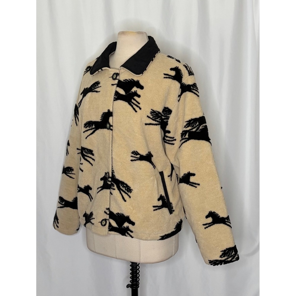 TSUNAMI Equestrian Horse Print Fleece Jacket Faux Suede Trim Buttons Large - Picture 6 of 13